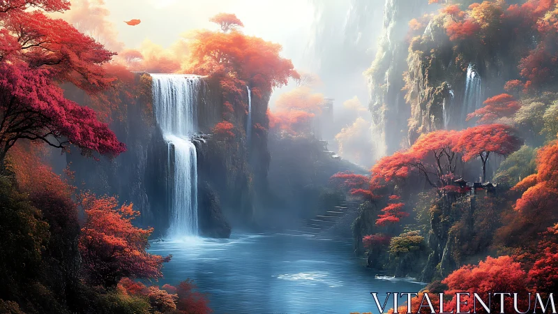 Misty river valley with waterfalls and red autumn forest.
