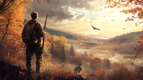 Bow-wielding wanderer pauses as dawn pours over autumn hills