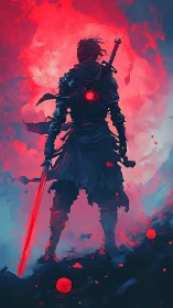 Armored warrior silhouette confronts radiant crimson vortex