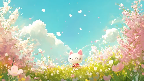 Blossom-bright lucky cat dreaming under sugar-sky clouds.