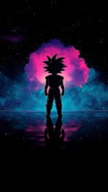 Cosmic warrior silhouette before nebular energy horizon.