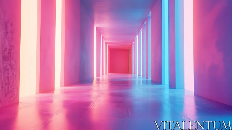 Neon-lit symmetrical corridor with magenta cyan volumetric glow