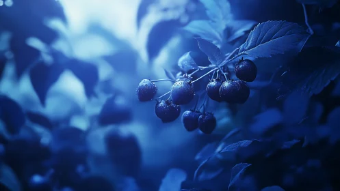 Cluster of wet berries hangs on branch in cool blue light