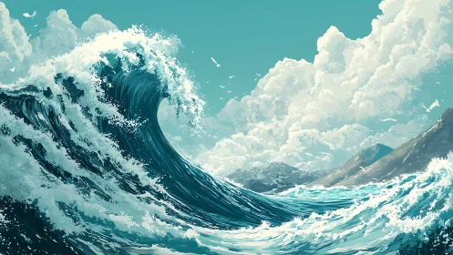 Dynamic turquoise wave cresting before sunlit coastal cliffs.