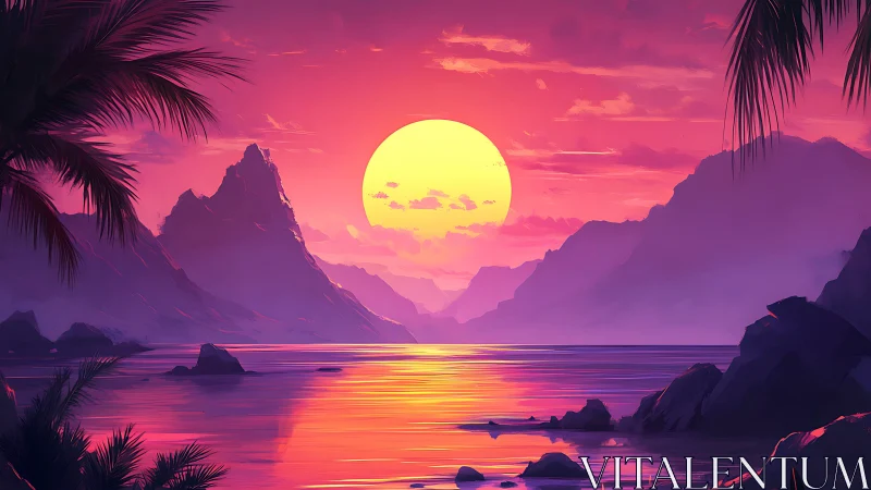 Sunset over tropical bay with mountains and calm water.