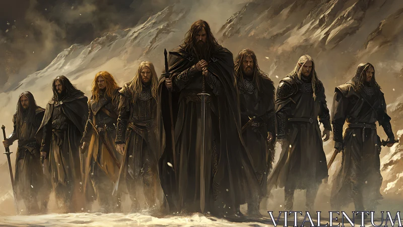 Medieval armored figures traverse snowy mountain pass in formation