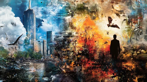 Urban skyline and silhouetted figure in fractured duality.
