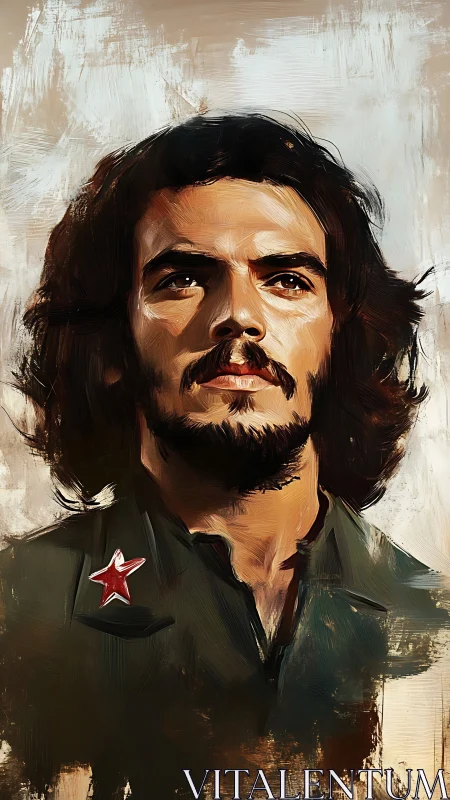 Revolutionary portrait with red star insignia, bold brushwork.
