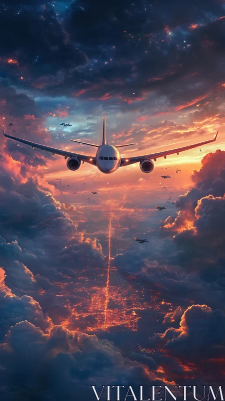 Jetliner cuts through storm clouds above glowing city grid.