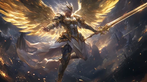 Radiant armored seraph with flaming golden wings in battle sky