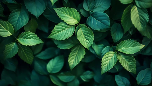 Lush green leaves form layered botanical background
