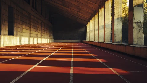 Indoor running track shows warm side light and long shadows