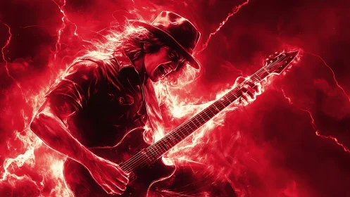Electric guitarist ignites a storm of glowing red energy