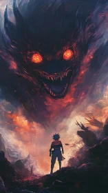 Silhouetted warrior confronts massive fiery demon face
