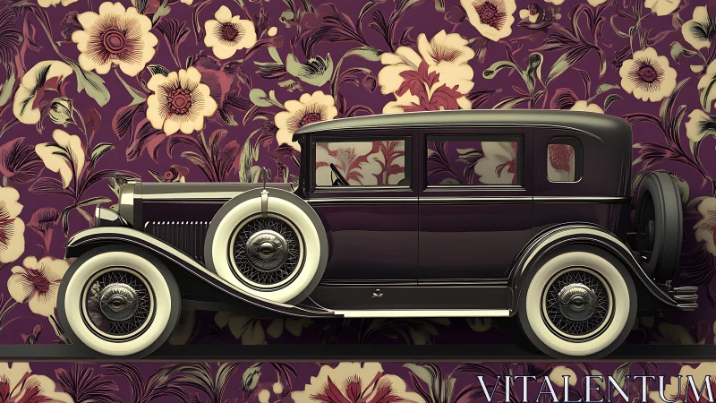 Velvet-era limousine glides past a blooming wallpaper storm