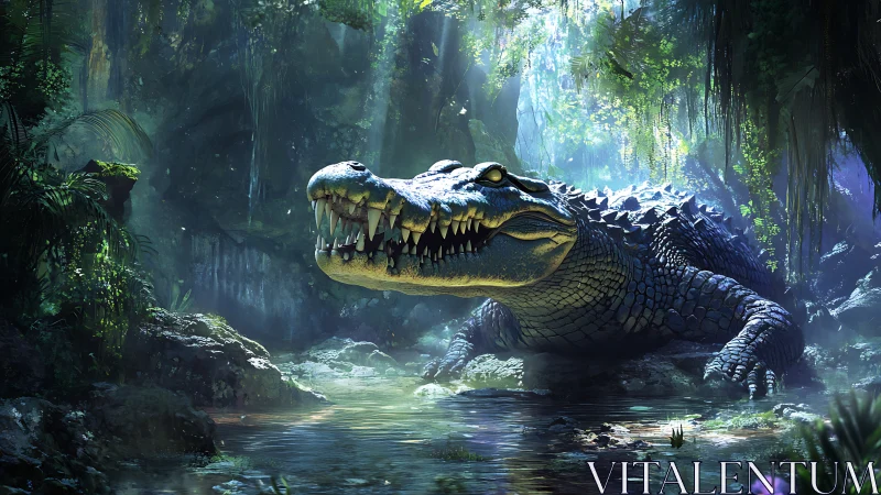 Predatory crocodile advances through luminescent jungle shallows