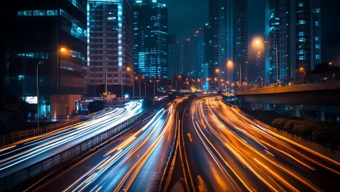 Neon rivers of night traffic slicing through glass canyons.