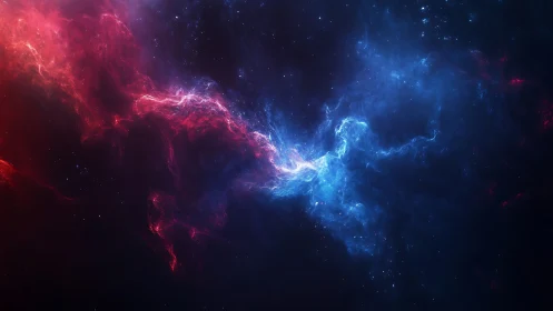Gentle cosmic nebula where red and blue light softly meet.