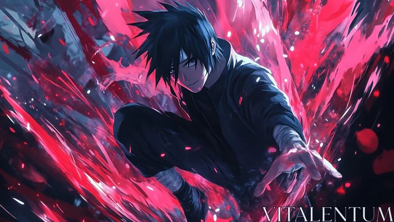 Dynamic anime combat portrait with crimson energy burst.