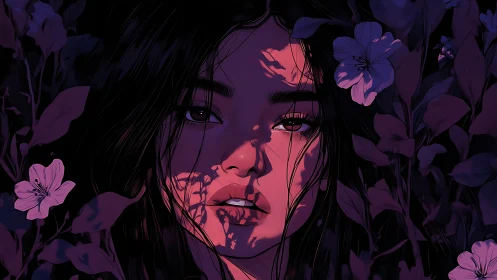 Midnight bloom portrait drenched in violet moonlit shadows.