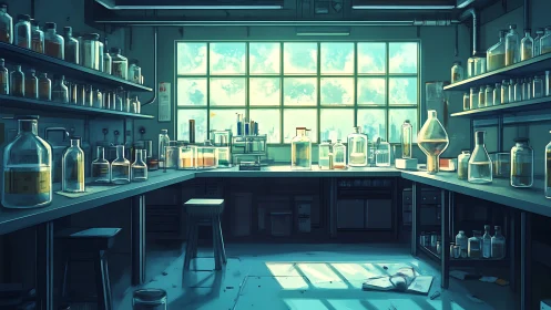 Sunlit chemical laboratory interior with glass reagent bottles