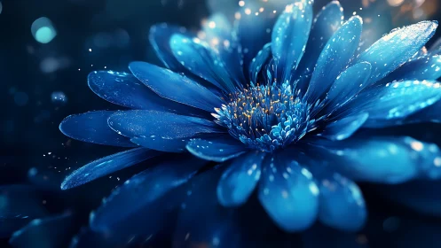 Crystalline blue daisy petals with luminous dewdrops.