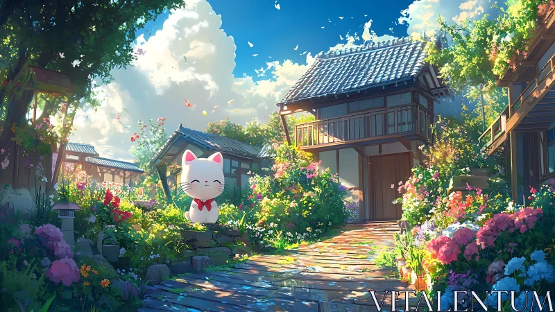 Sunny garden path with a cheerful lucky cat statue welcome.