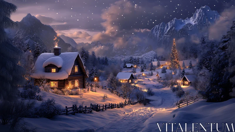 Snowy mountain village with lit cabins on winter night.