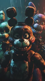 Rusty animatronic rabbits stand in ominous low key lighting