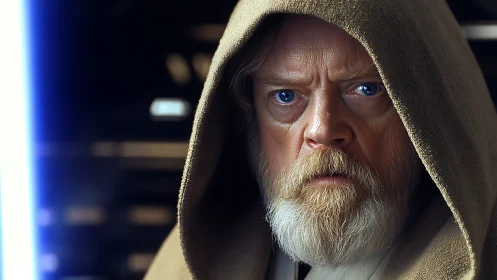 Hooded elder warrior stares ahead beside glowing blade.