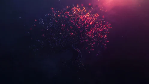 Luminous stylized tree occupies centered frame in dark space