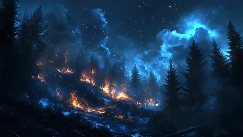 Nocturnal Forest Fire Under Starlit Sky.