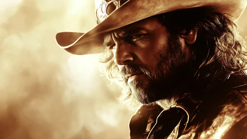 Weathered cowboy in molten sunset haze of quiet defiance.