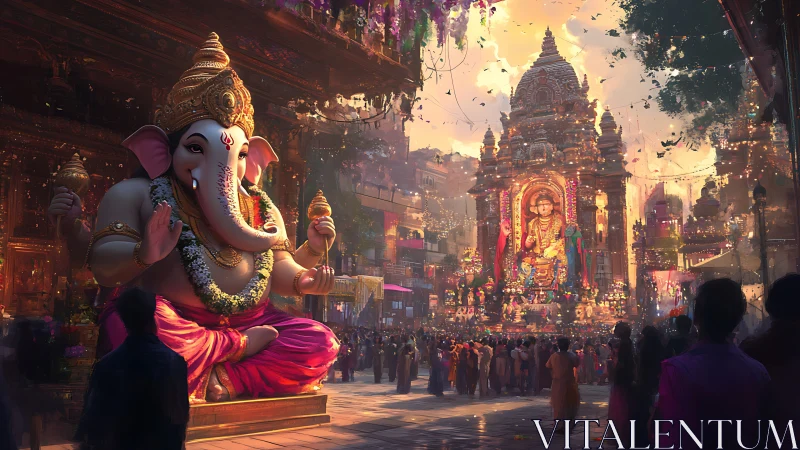 Golden Ganesha festival glows against a vibrant temple skyline