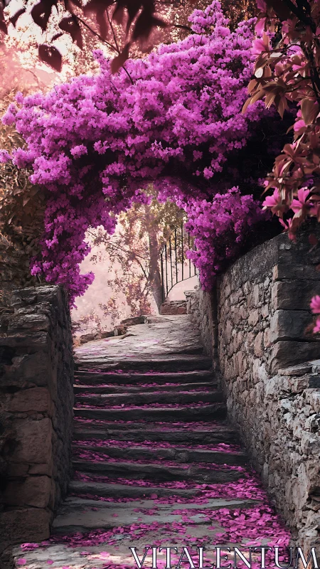 Bougainvillea Colonnade Passage with Stone Architecture.