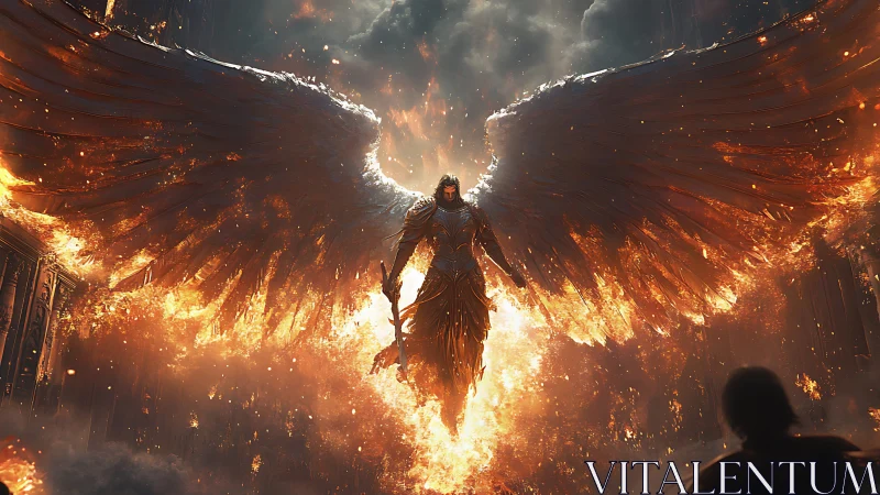Flaming armored angel descends with blazing wings of fire.