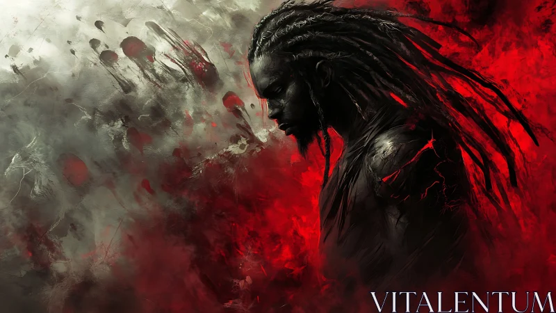 Warrior in crimson storm contemplates inner darkness.