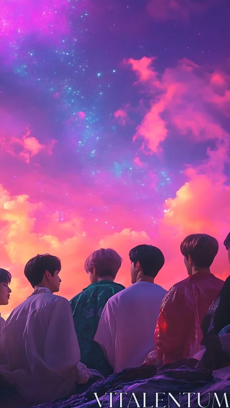 Digital painting of silhouetted group under neon celestial sky.