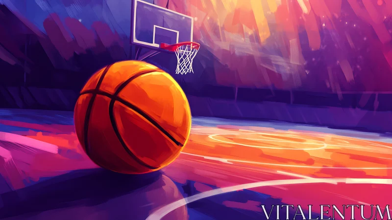 Basketball on indoor court under vivid colored lighting.