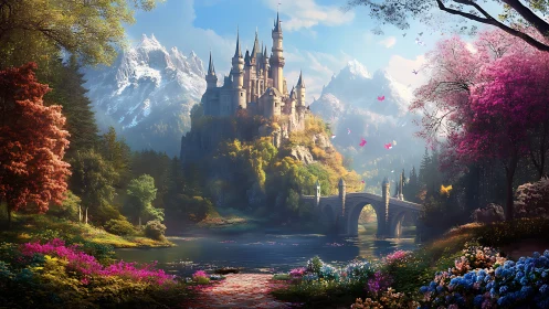 Mountain valley castle above lake with stone bridge at center.