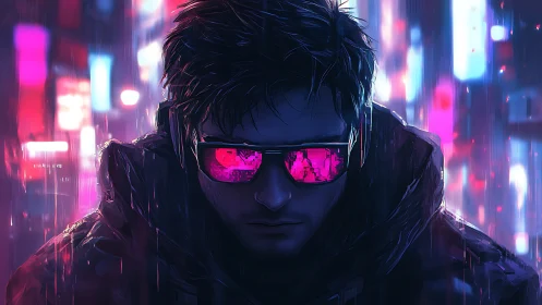 Cyberpunk antihero framed by neon bokeh and reflective visor