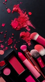 Pink cosmetic brushes and crushed powders on dark surface.