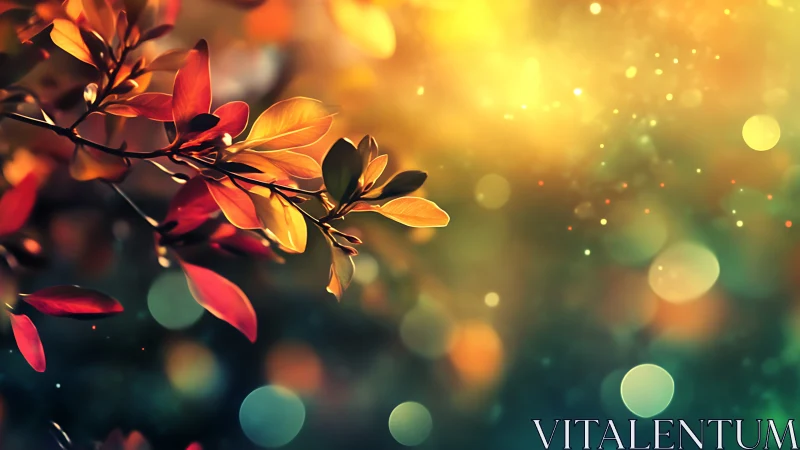 Glowing autumn leaves drift softly in dreamy evening light