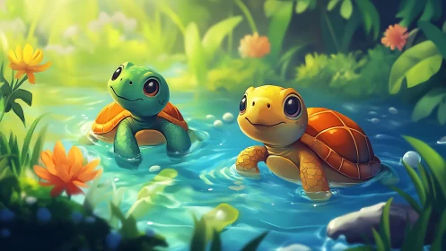 Sunlit turtle duo drifting through a storybook forest stream.