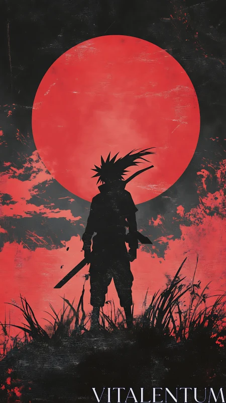 Silhouetted swordsman stands before large red sun