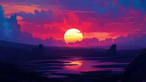 Nebula dusk sun ignites alien canyon of mirrored waters.