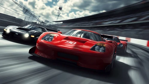 Red and black race cars on curved track under cloudy sky.