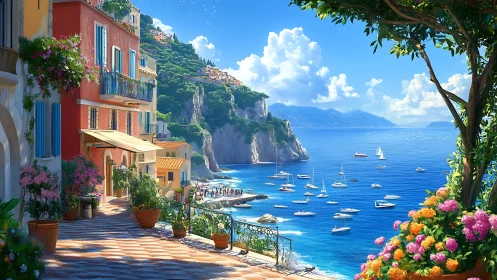 Coastal hillside village with harbor and sailboats under sun.