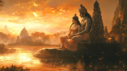 Divine couple seated by river in golden temple landscape.