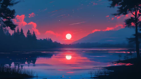 Neon dusk landscape renders mirrored sun over tranquil lake